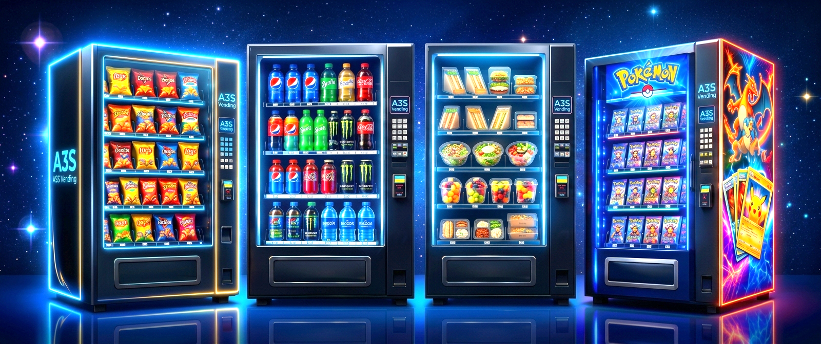 A3S vending machines: snacks, drinks, and trading cards